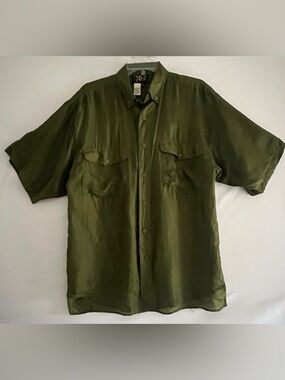 100% Silk Olive Green Utility Button Down Shirt Sage